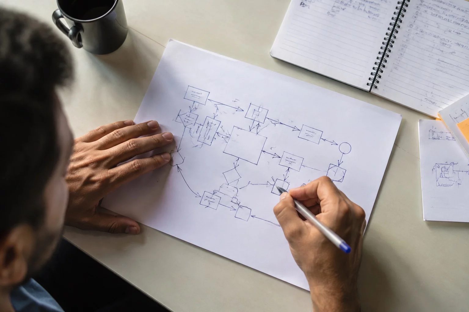 Vista de cima de uma mesa com um diagrama de lógica desenhado à mão