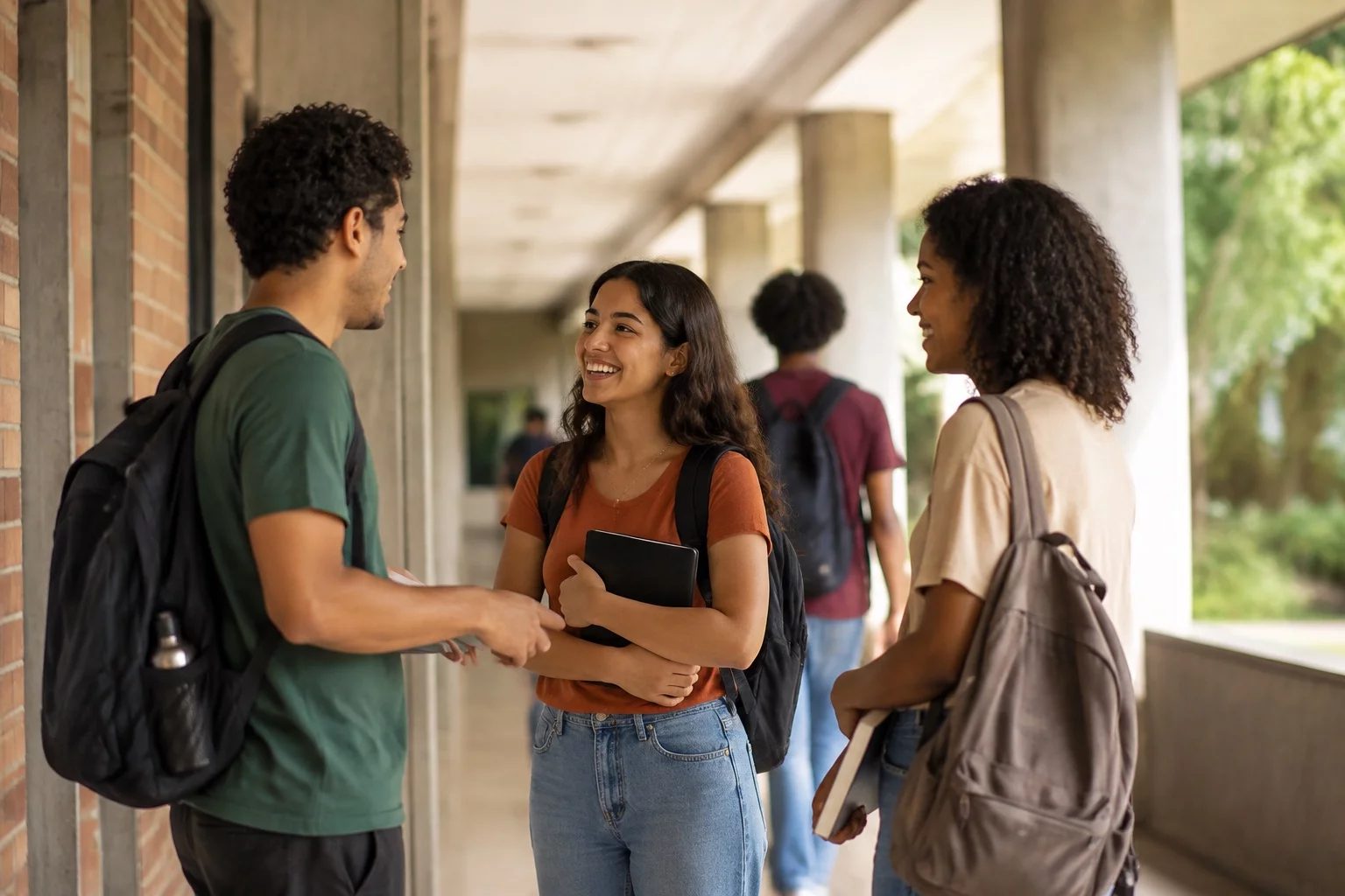 Estudantes com mochilas conversando no corredor de uma universidade