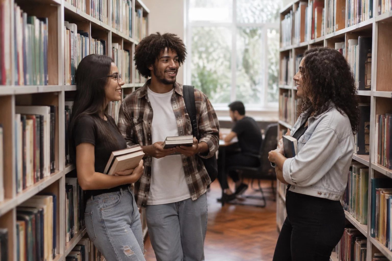 Estudantes conversando em pé entre as estantes de uma biblioteca