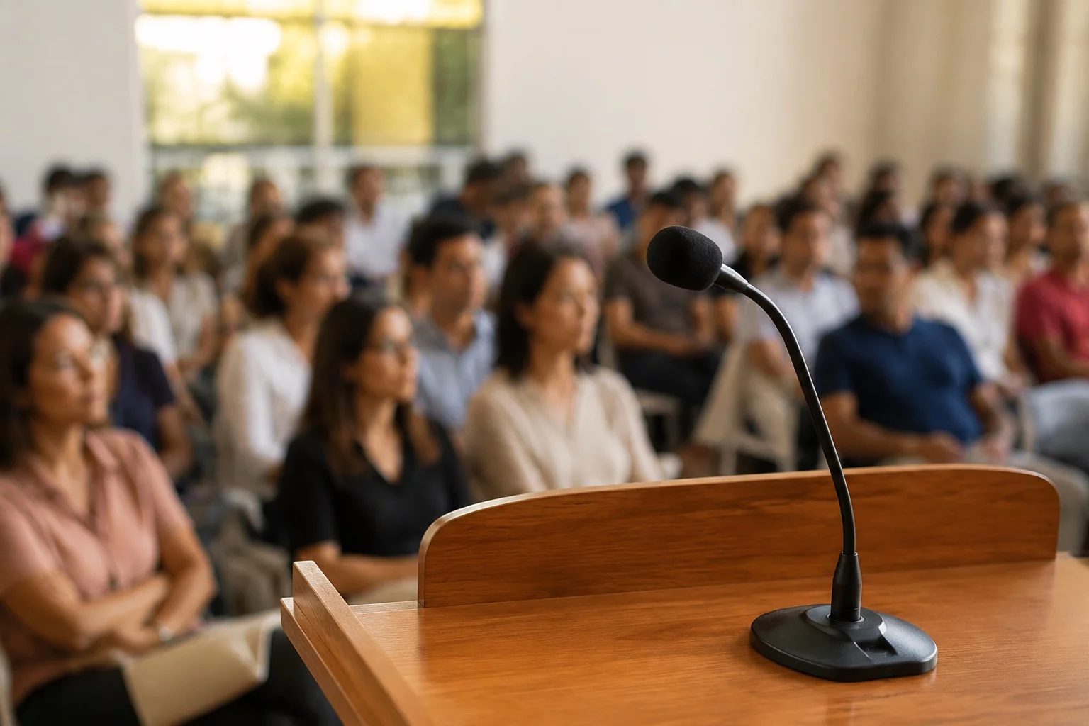 Microfone sobre uma tribuna, com a plateia sentada desfocada ao fundo