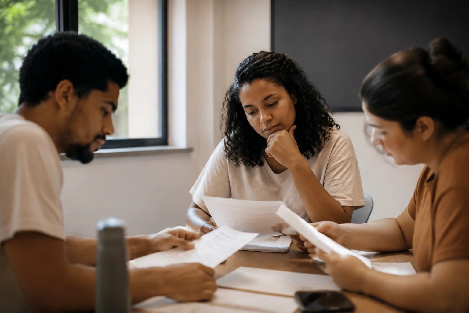 Grupo pequeno lendo páginas impressas de argumentos ao redor de uma mesa