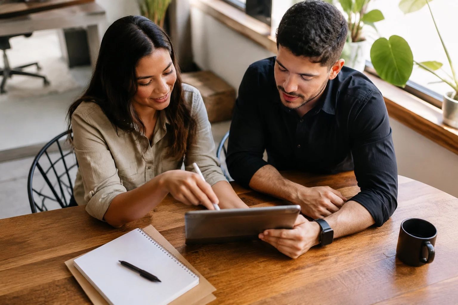 Duas pessoas revisando anotações em um tablet sobre uma mesa de madeira
