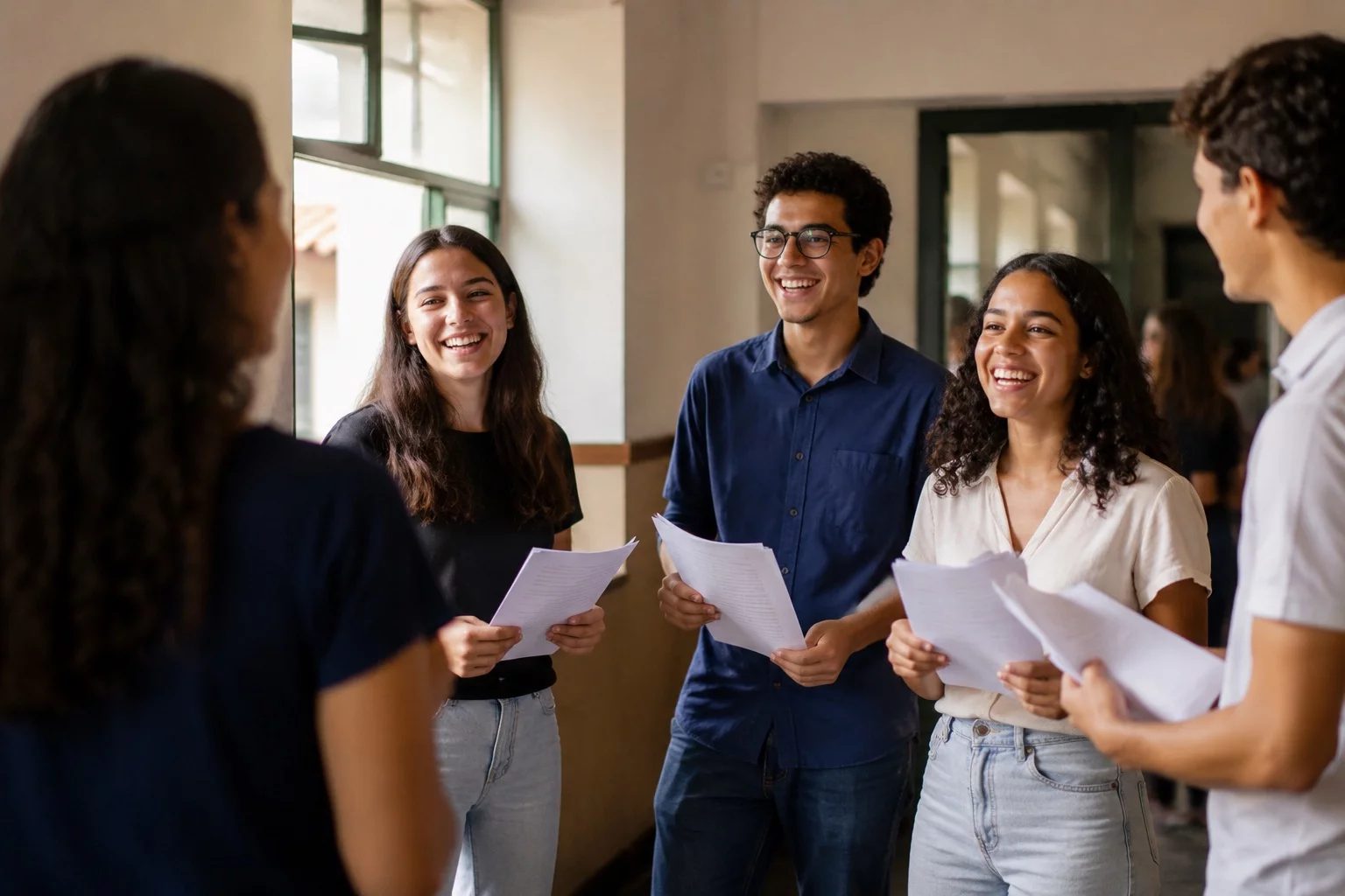 Grupo sorrindo após uma rodada de debate, com papéis nas mãos